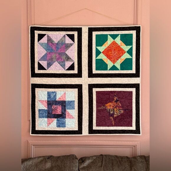Vintage Handmade Cottage Quilted Wall Hanging in Bright Tropical Cotton Batiks - Picture 1 of 7